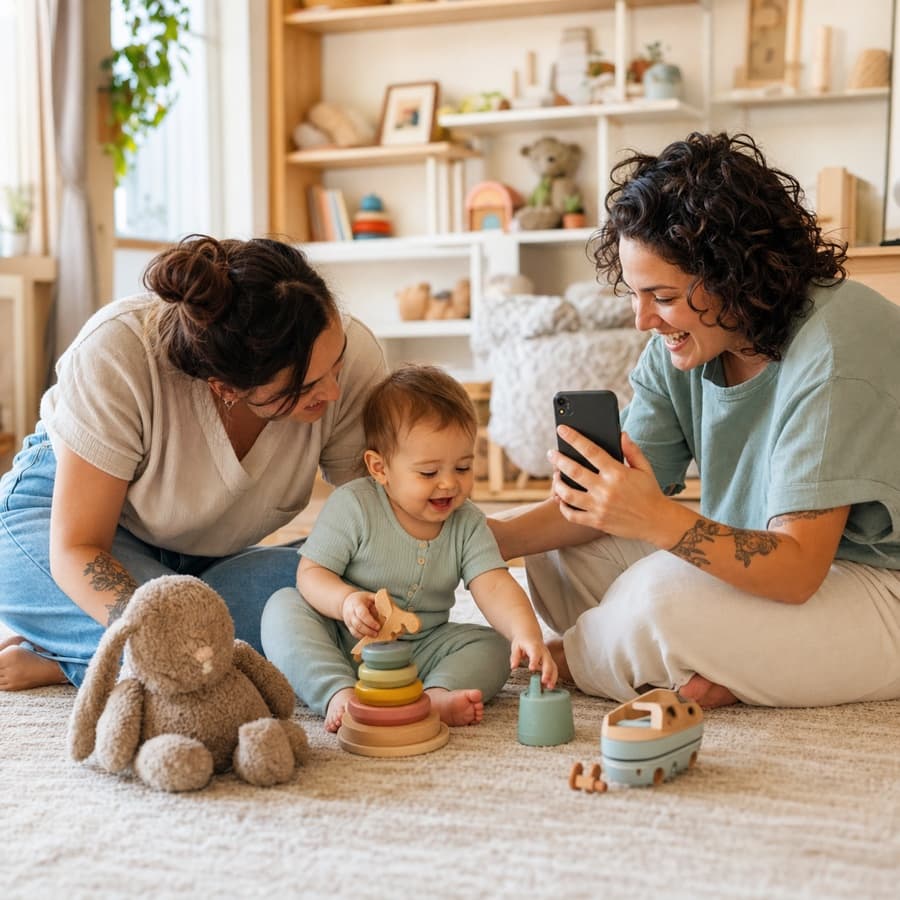 Two parents capturing a playful moment with their baby