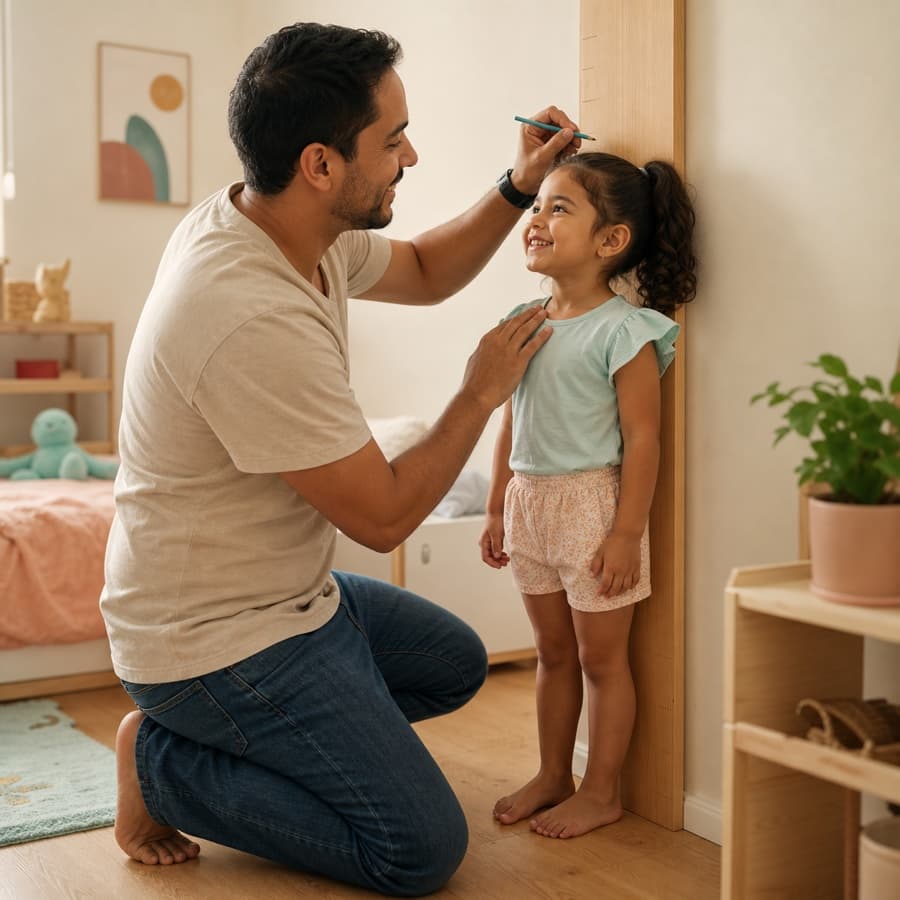 A father marking his daughter's growth at home