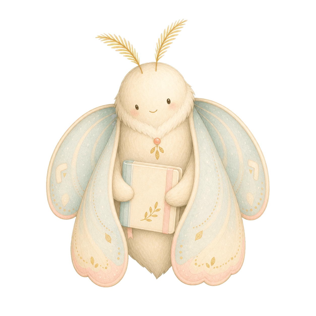 Luma gently sheltering a closed family album with her wings