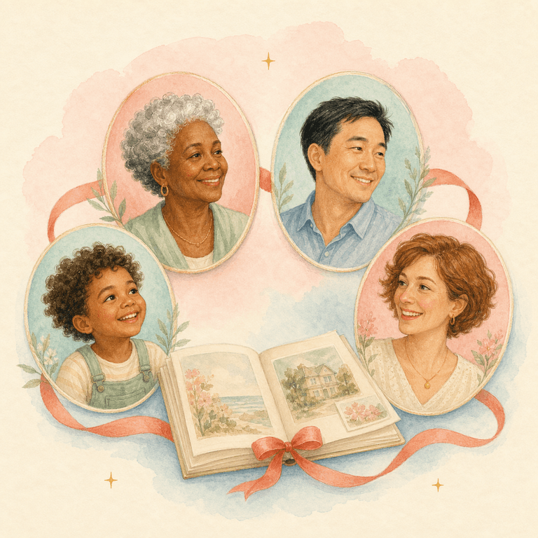 A diverse family circle gathered around an heirloom album
