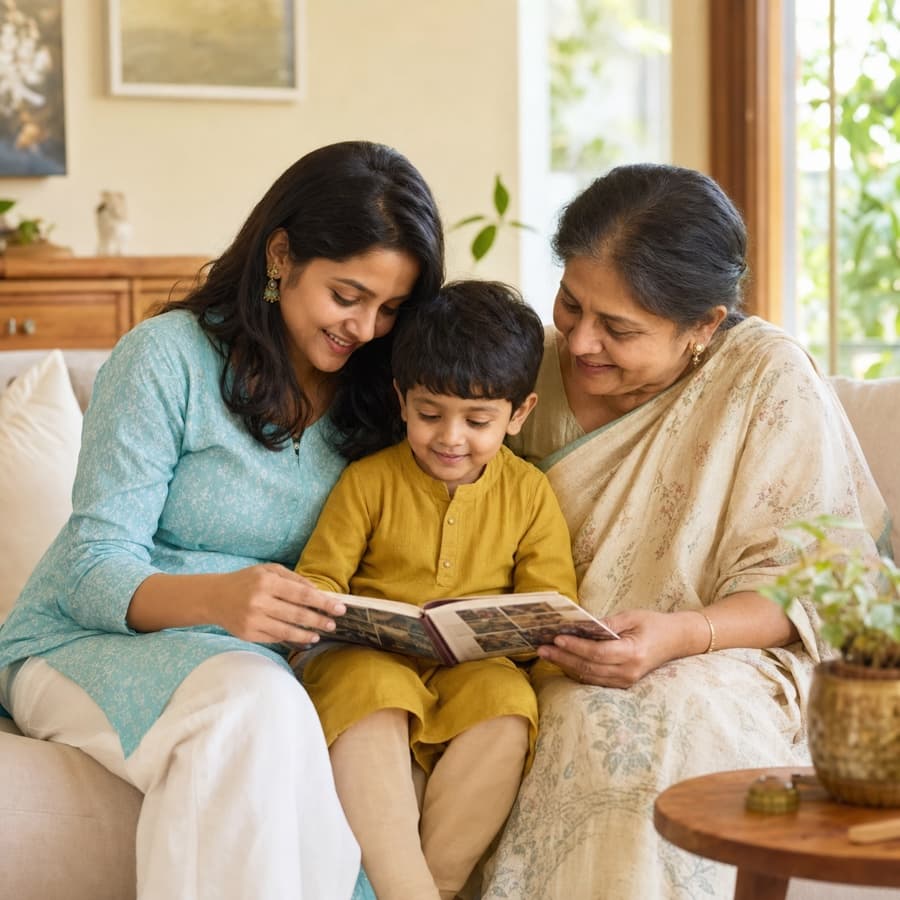 A mother, grandmother, and child looking through a family album