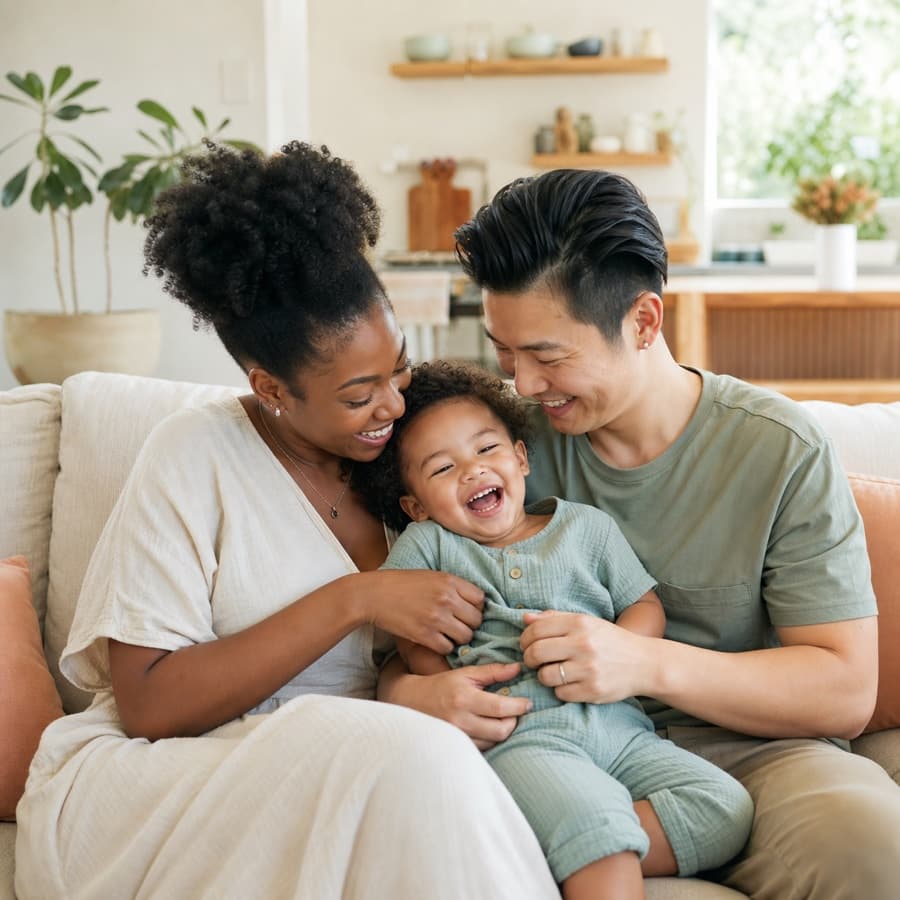 Parents laughing together with their young child at home